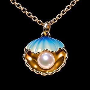 “Pearl in a Blue Clam Shell” Bivalve Seashell Mermaid Ocean Beach Steel Necklace